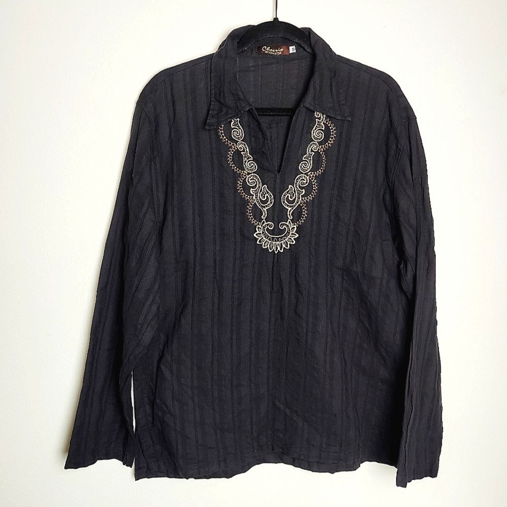 Cheerio Men's Traditional Embroidered Shirt Tunic, Black, Size XL